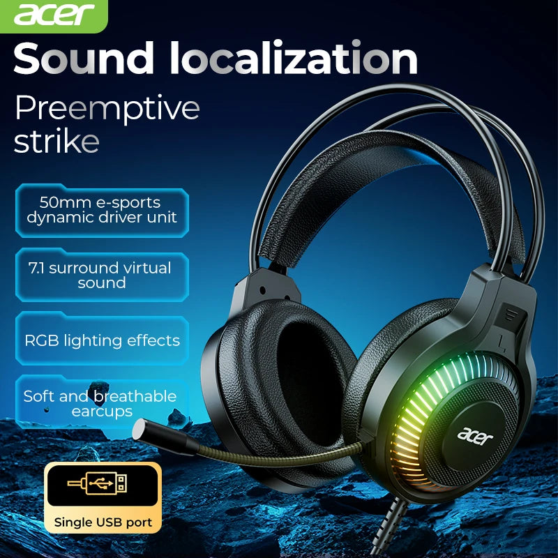 Auriculares gaming RGB con cable y micrófono – Sonido envolvente de baja latencia, iluminación RGB cool, aislamiento de ruido y ajuste cómodo