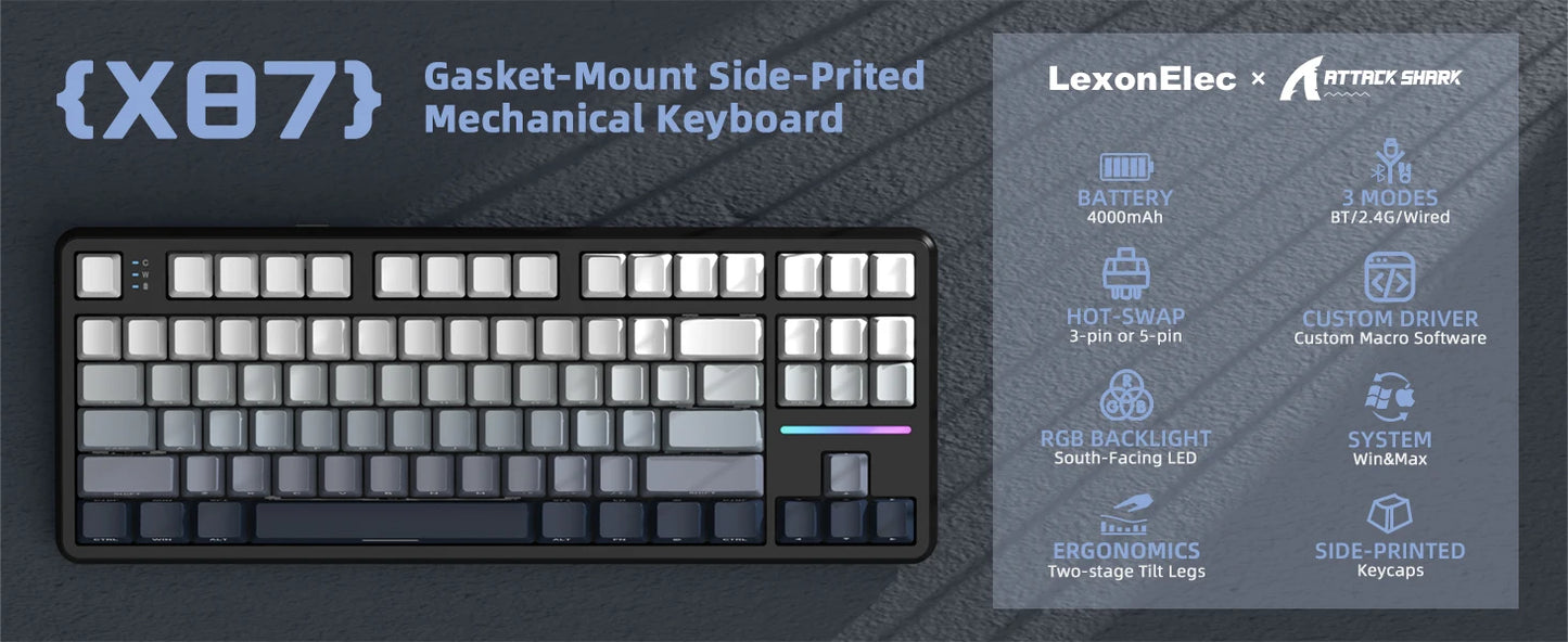 ATTACK SHARK X87 kabellose mechanische Gaming-Tastatur, Tri-Mode BT5.0/2.4GHz/USB-C, Gasket, Hot-Swappable Custom Keyboard, vorglubriziert