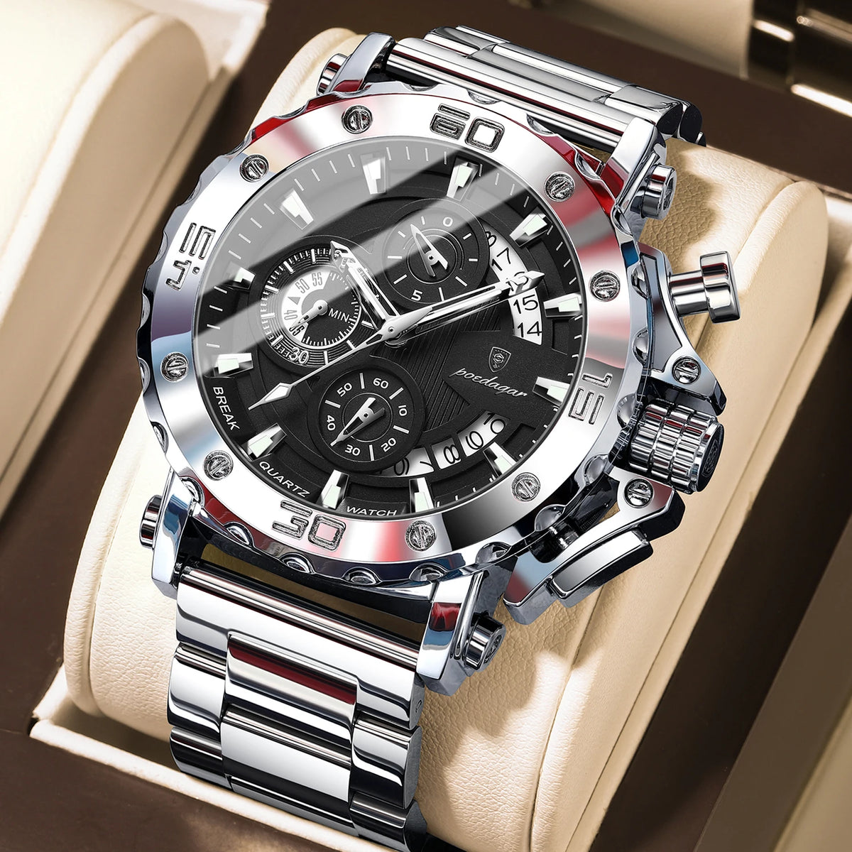 Luxusní pánské hodinky POEDAGAR, s luminiscenčními ručičkami, vodotěsné, chronograf, datum, nerezová ocel, quartz, Reloj