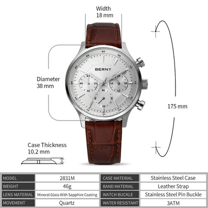 BERNY 24H Chronograph Watch for Men Luxury VD54 Watches Fashion Waterproof Genuine Leather Strap Quartz Sport Men's Wristwatch