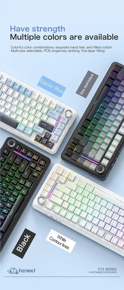 75% Hot Swap Gaming Keyboard Wireless FREEWOL F75 RGB Mechanical Keyboard with Metal Knobs AULA F75 Same Model,Tri-Mode,4000 mAh