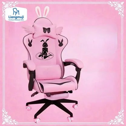 Pink Gaming Chair for Girls with Footrest, Comfortable Cartoon Gamer Chair, Adjustable Swivel Computer Chair for Bedroom, Office & Study