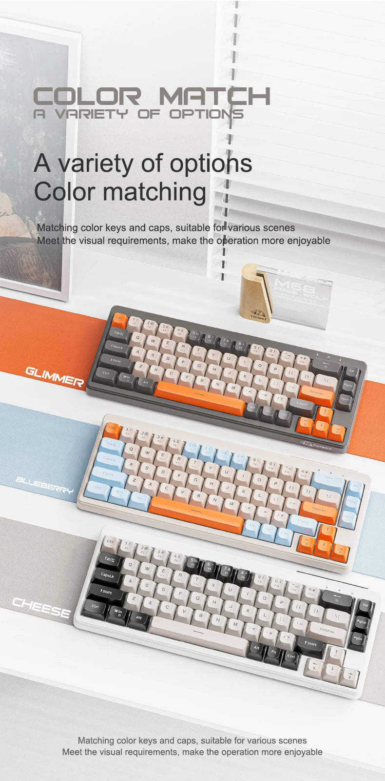 FREEWOLF M68 68 Keys Wireless Keyboard Mouse Combo, PBT RGB Tri-Mode Bluetooth/2.4G/Wired Keyboard, Silent Keyboard Mouse Set