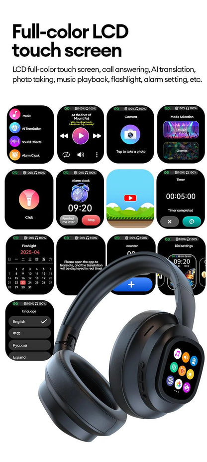AI LCD Touch Screen Wireless Bluetooth Headphones – ANC Noise Cancelling Deep Bass Gaming Headset with HD Mic