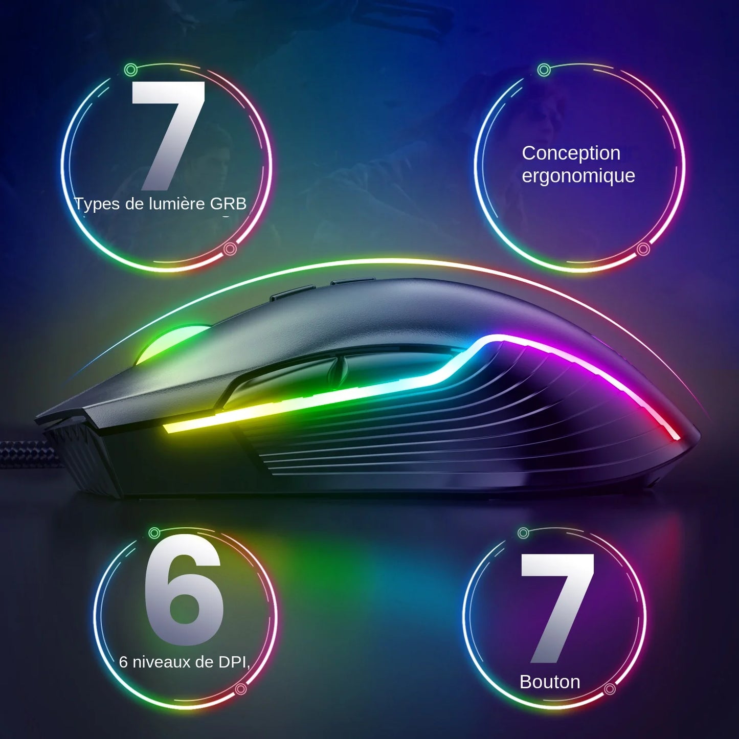 ONIKUMA káblová herná myš, 6 nastaviteľných úrovní, 6400 DPI, 7 programovateľných tlačidiel, 7 režimov RGB osvetlenia, ergonomická myš pre PC hráčov