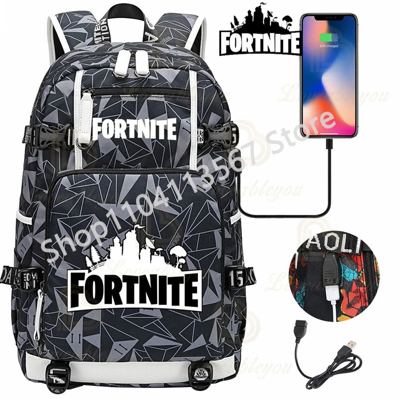 Mochila Red Jade F-Fortnited Battle Royale com carregamento USB, figuras anime e compartimento para material escolar para estudantes