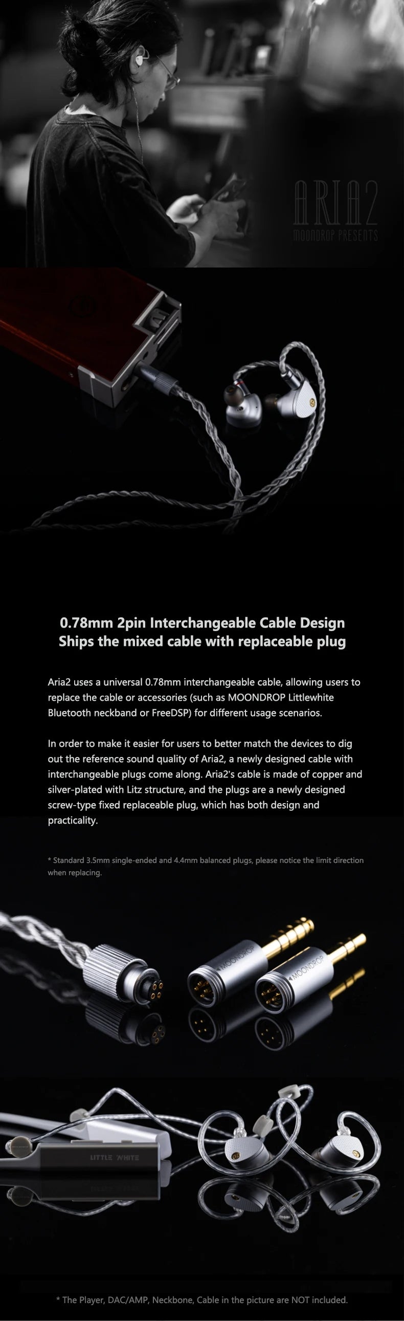 MOONDROP Aria 2 HiFi Wired IEM Earphones with Detachable Cable, High Performance Dynamic Driver In-Ear Monitor Earbuds 3.5mm/4.4mm Plug