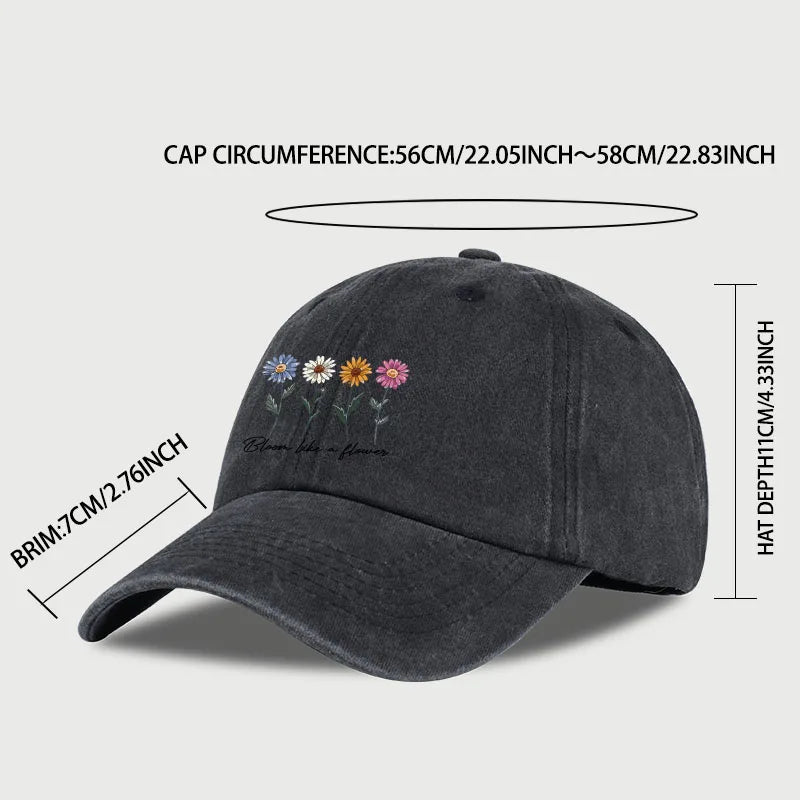 Vintage Washed Daisy Baseball Cap – Unisex “Flowers in Bloom” Letter Print Dad Cap – Outdoor Travel & Casual Sun Hat