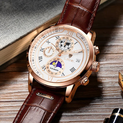 LIGE Luxury Man Wristwatch Waterproof Luminous Chronograph Watch for Men Leather Strap Men's Quartz Watches Reloj Hombre+Box