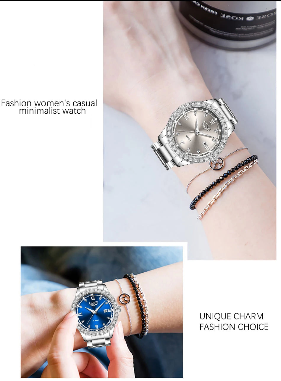 LIGE elegant women's watch Fashion waterproof clock luminous stainless steel business quartz watch for Women reloj de mujer+BOX