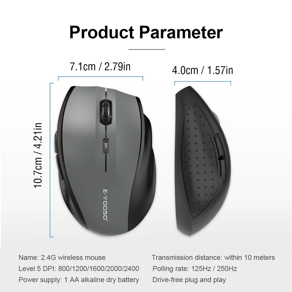 E-YOOSO E-1010 USB 2.4G Wireless Gaming Office Mouse, 2400 DPI Optical Game Mice, Ergonomic for Laptop PC Computer
