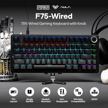 Aula F75 Wired Gaming Keyboard 75% RGB Backlight ABS Keycap Gasket Structure Hot Swappable Office Mechanical Keyboards With Knob