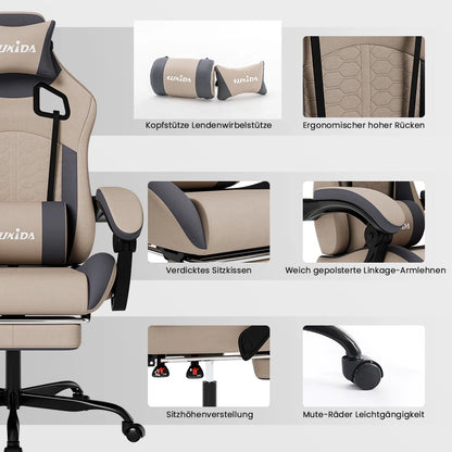 SUKIDA Ergonomischer Racing-Gaming-Stuhl, verstellbar und drehbar, mit Kopfstütze und Lendenwirbelstütze für Büro und Gaming