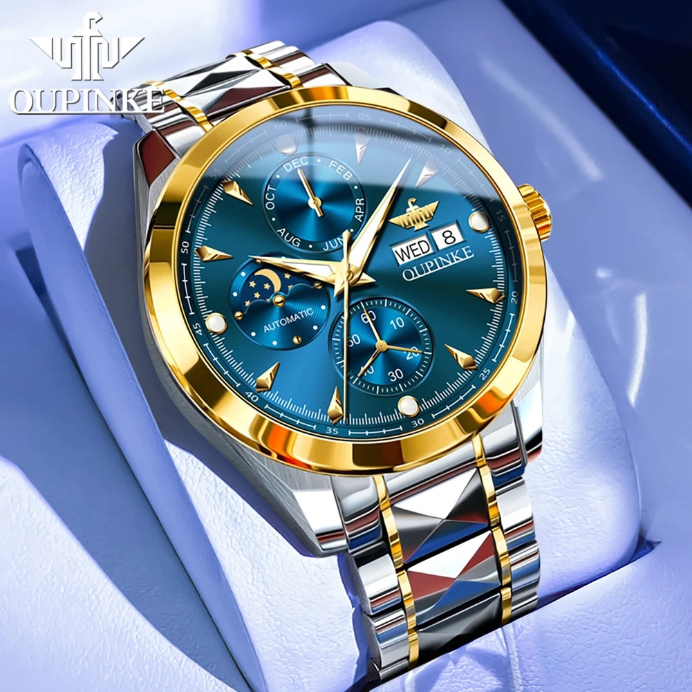 OUPINKE 3299 Automatic Man Watch Exclusive Dual Calendar Luxury Mechanical Wristwatches Moon Phase Waterproof Chronogprah Watch