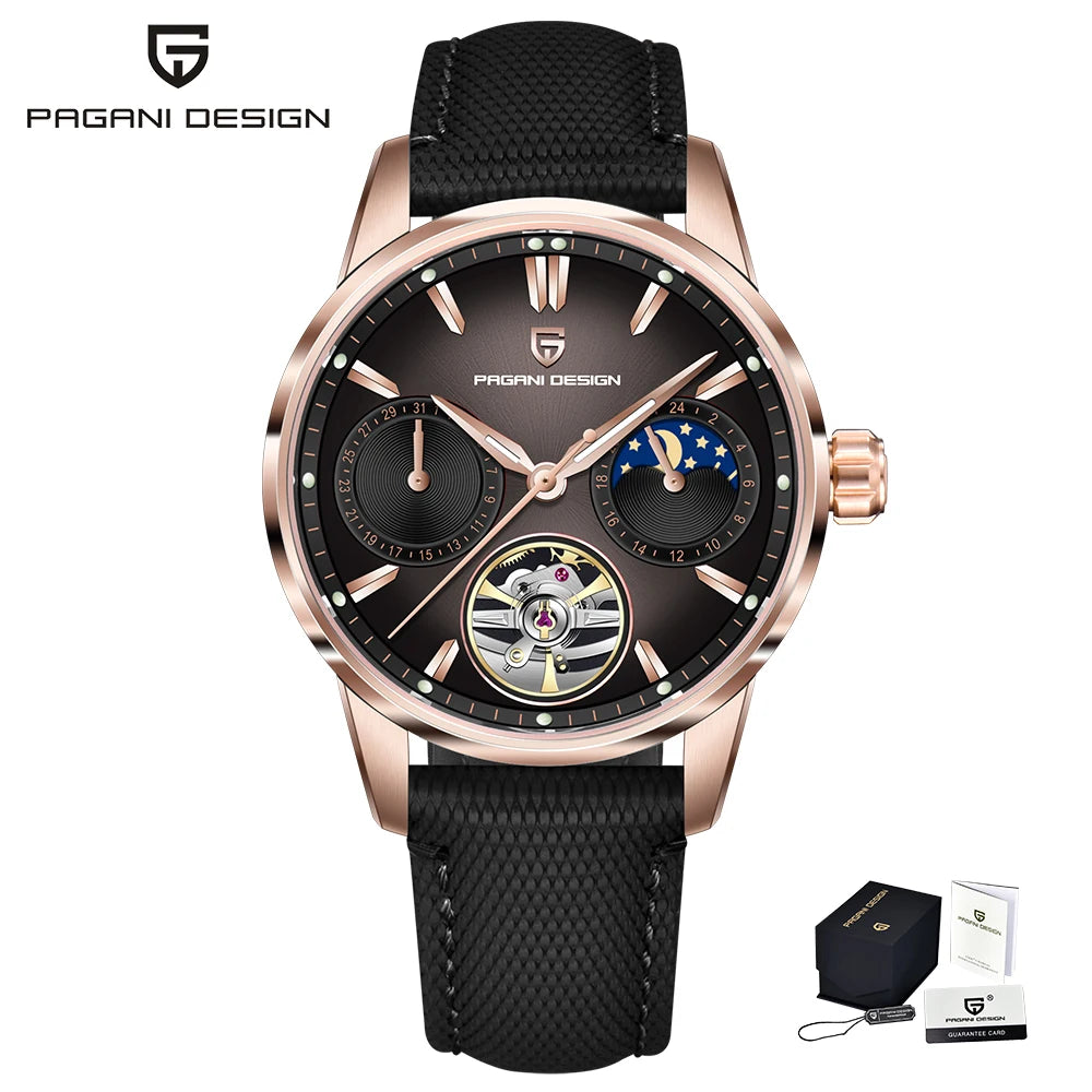 PAGANI DESIGN – Relógio mecânico de luxo para homem, 41 mm, vidro de safira, bracelete em pele, estanque, estilo piloto, com turbilhão e fase lunar