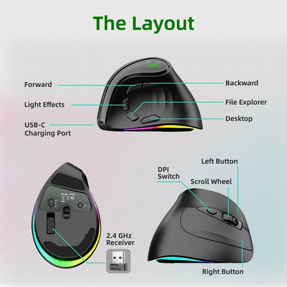 JOMAA RGB Rechargeable Wireless Ergonomic Mouse, Bluetooth & 2.4G Vertical Wireless Mouse with 5 Side Buttons, 8400 DPI for PC, Laptop & Mac