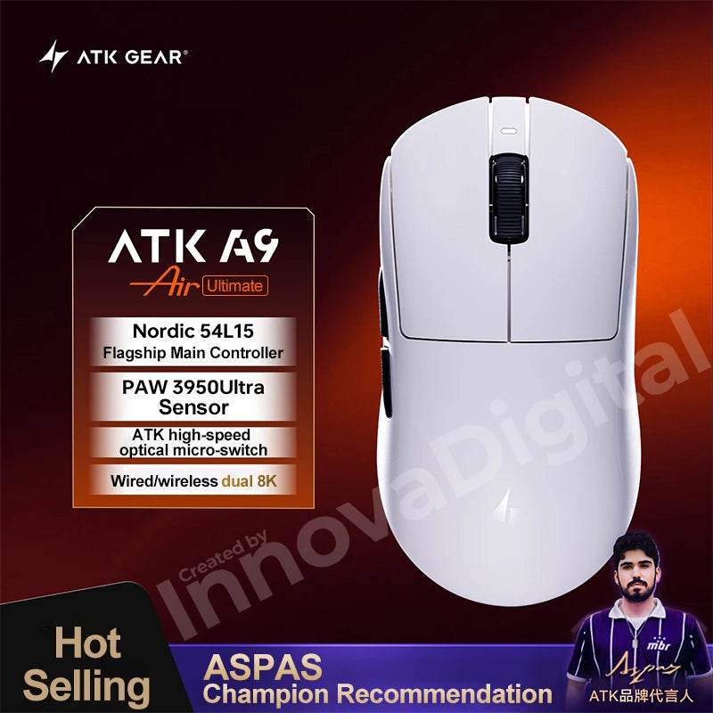 ATK Dragonfly A9 Ultimate безжична геймърска мишка A9 Air PAW3950, ултралека ергономична e-sports мишка за FPS геймъри, CSGO A9 Ultra