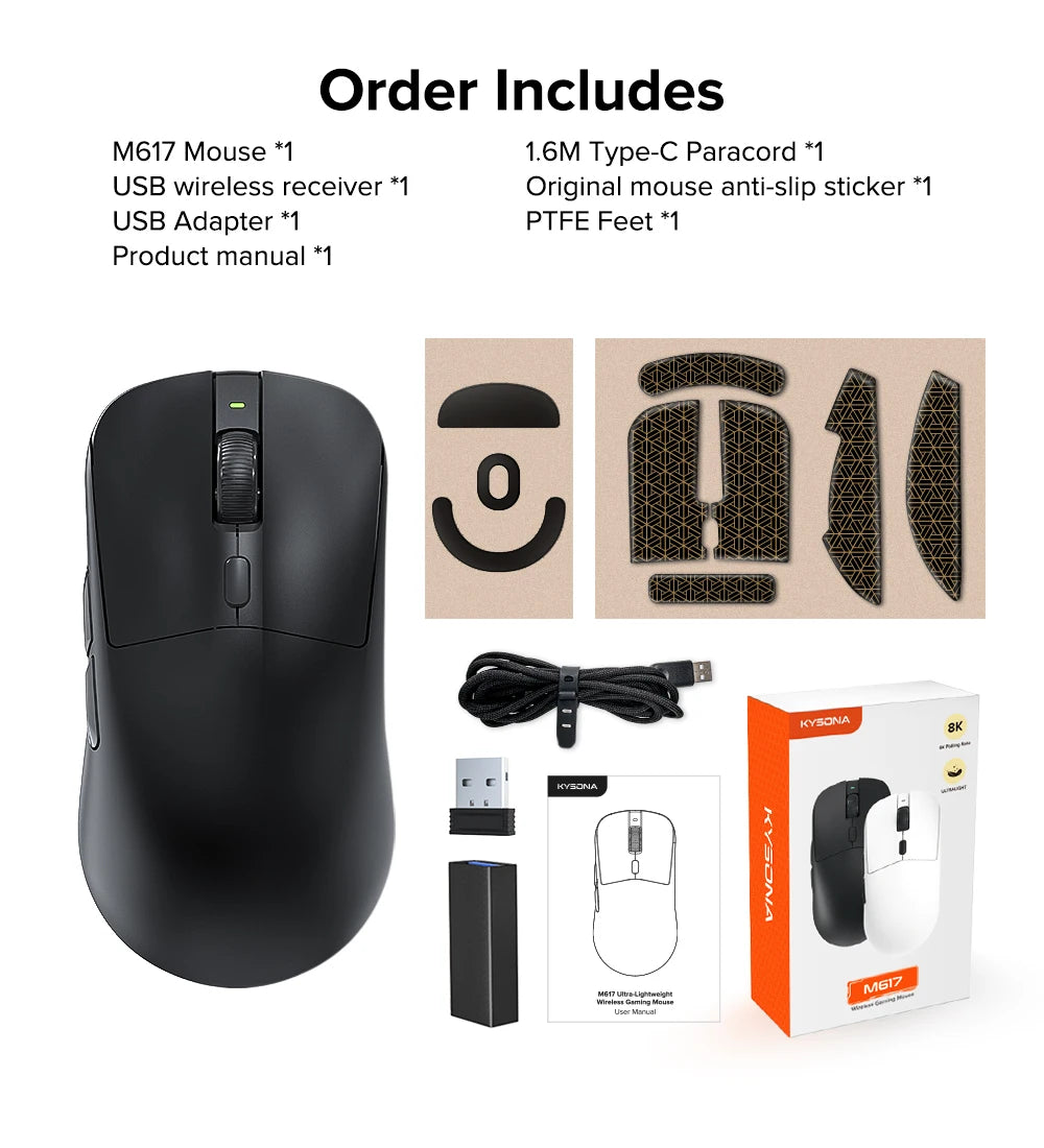 KYSONA M617 Wireless Gaming Mouse Tri-Mode Bluetooth 2.4G & Wired, PAW3395 Sensor, 26K DPI, 8000Hz Polling Rate, 59g Lightweight Rechargeable Gaming Mouse