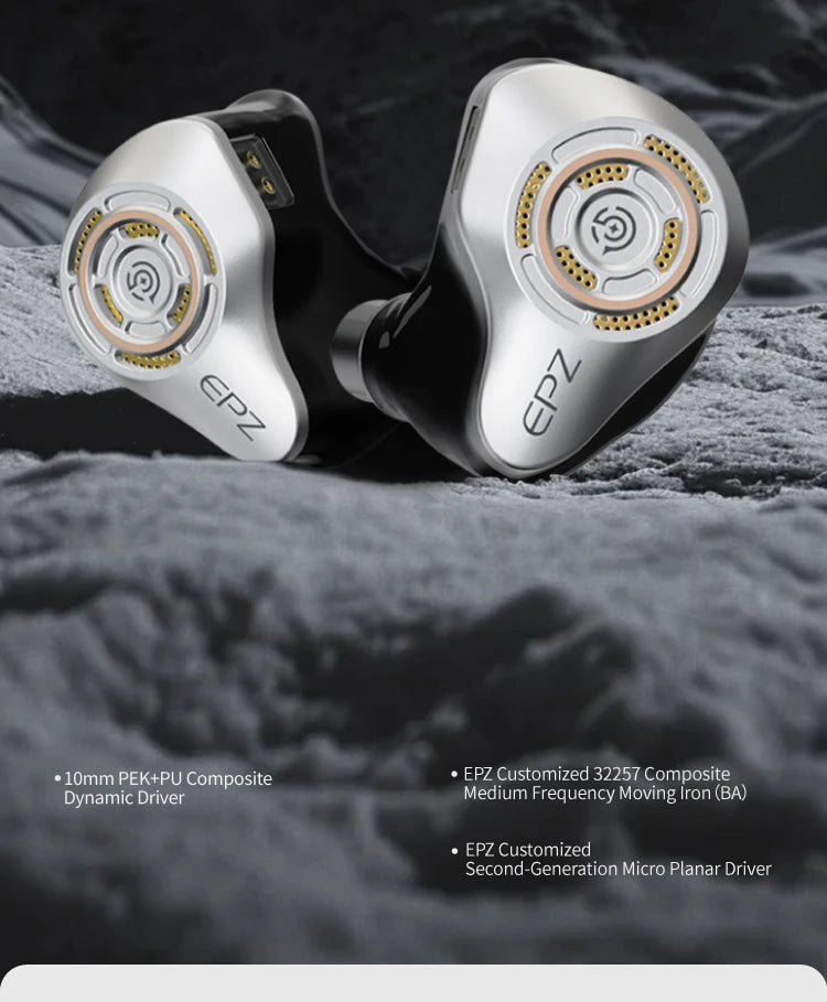 EPZ P50 Hybrid Driver HiFi IEM Earphones 1DD+2BA+2 Planar Drivers with 3.5mm/4.4mm Replaceable Plug & Silver-Plated Cable