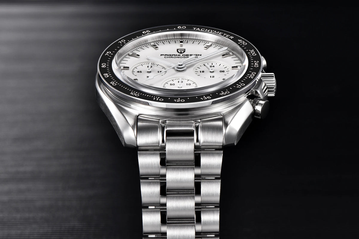 Zegarek męski PAGANI DESIGN „New Moon” – luksusowy zegarek kwarcowy, chronograf, szkło szafirowe z powłoką antyrefleksyjną, ceramiczna ramka, świecące wskazówki