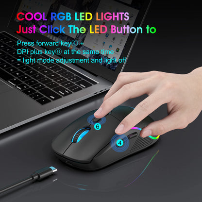 Tri-Mode Wireless Gaming Mouse with Bluetooth 2.4G & Wired Connection, 10000 DPI RGB Esports Mouse with 7 Buttons and Rechargeable Battery