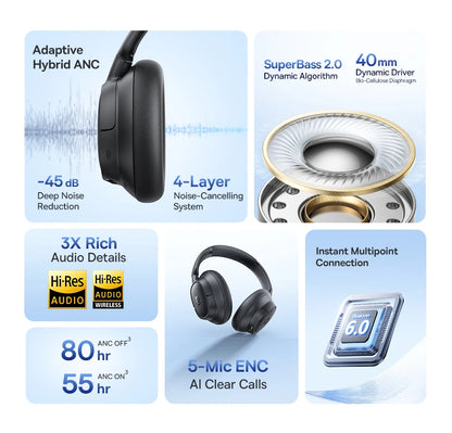 Baseus Bass EH10 NC Noise Cancelling Wireless Headphones Bluetooth 6.0 Over Ear Headset with 45dB ANC, 80H Battery, Hi-Res Audio & AI Calls