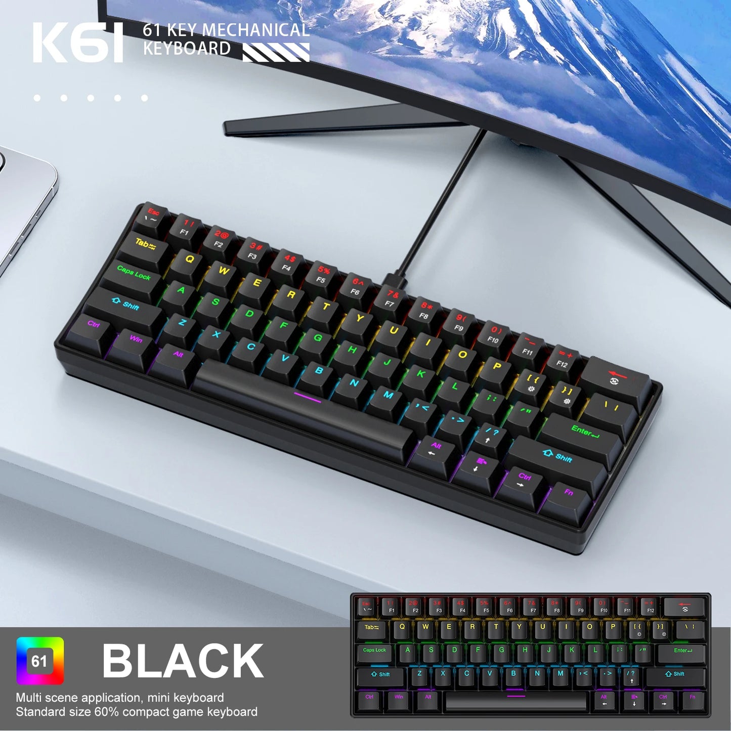 APAYADO K61 60% Mechanical Keyboard Wired RGB, 61 Keys Mini Gaming Keyboard with Red/Blue Switches, Compact RGB Mechanical Keyboard for PC & Laptop