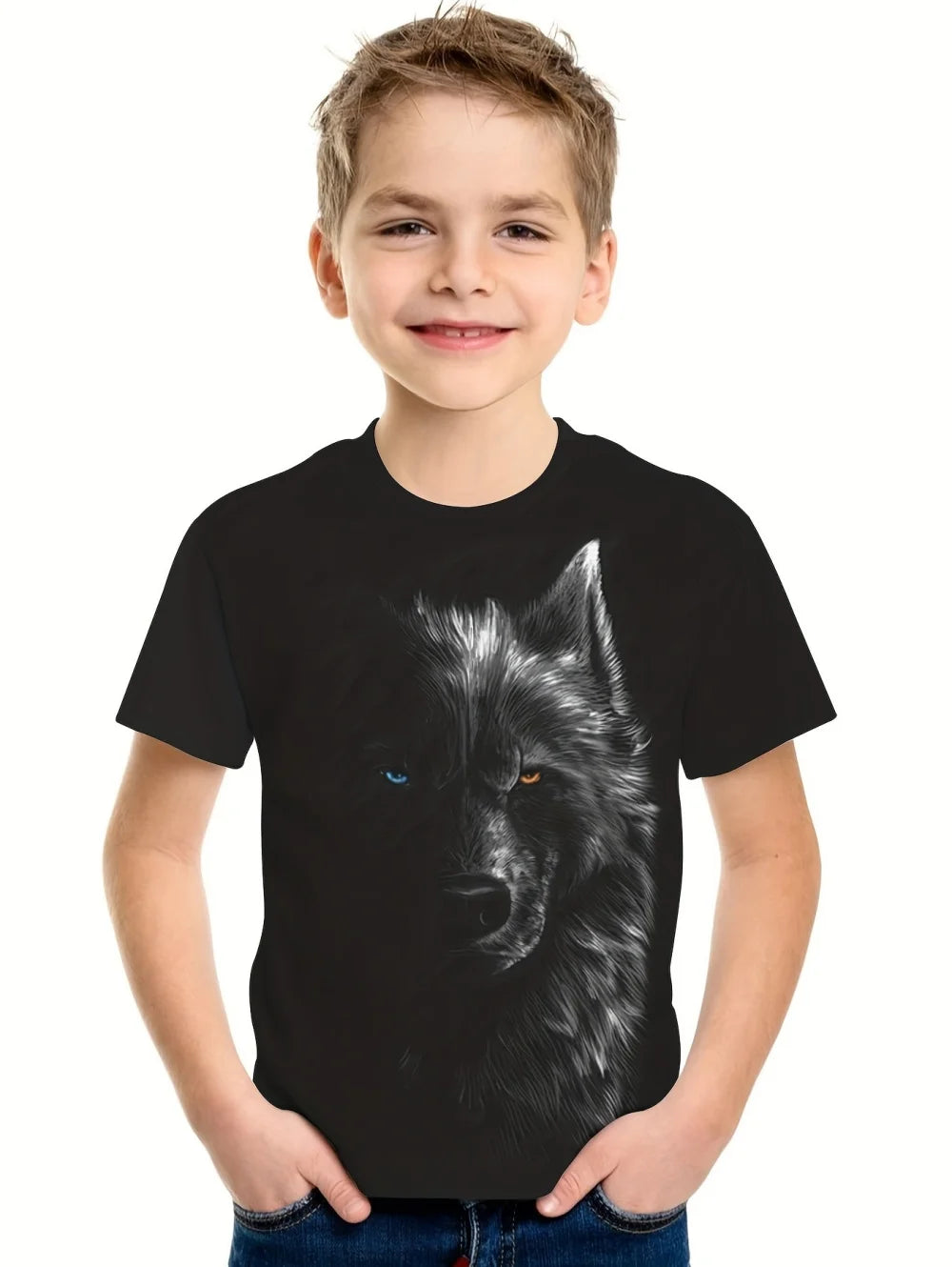 Children's T-Shirt Cool Wolf Pattern Boys' Short Sleeve Tee Summer New Round Neck Children's T-Shirt Fashion Children's Clothing