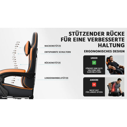Ergonomic Gaming Chair with Lumbar Support, Adjustable PU Leather Computer Chair, Reclining Office Gaming Chair with Footrest, Black Orange