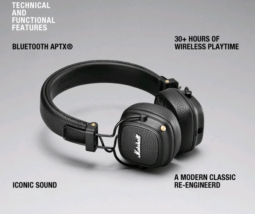 Marshall Major III Wireless Bluetooth Headphones with Deep Bass, Active Noise Cancelling, Foldable Over-Ear Wireless Headphones with Microphone
