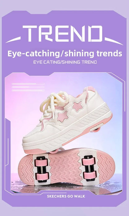 Chaussures de roller pour enfants - Roues rechargeables, couleurs tendance, finition brillante, pour les anniversaires, pour garçons et filles, chaussures décontractées deux-en-un