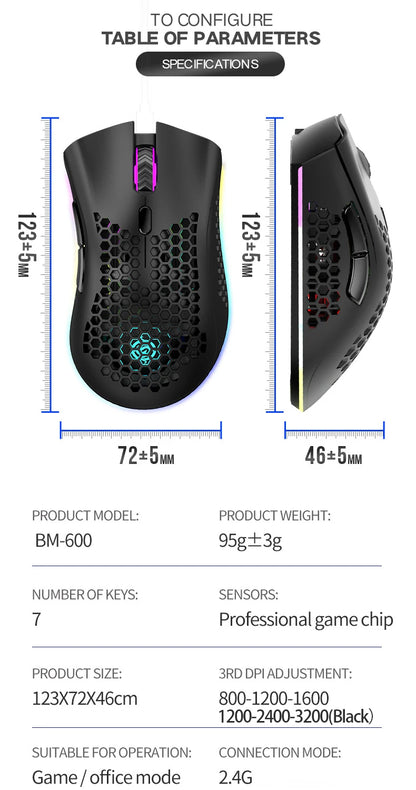 BM600 Rechargeable Wireless Gaming Mouse, 2.4G RGB Honeycomb Gaming Mouse with 12000 DPI, 7 Programmable Buttons, USB Gaming Mouse for PC & Laptop