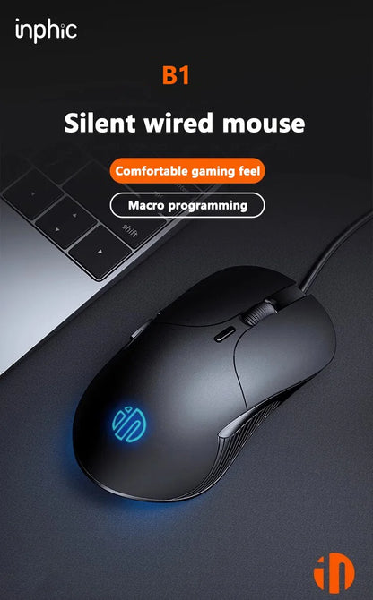 INPHIC B2 trådbunden USB-mus, tyst kontors- och gamingmus för PC och bärbara datorer