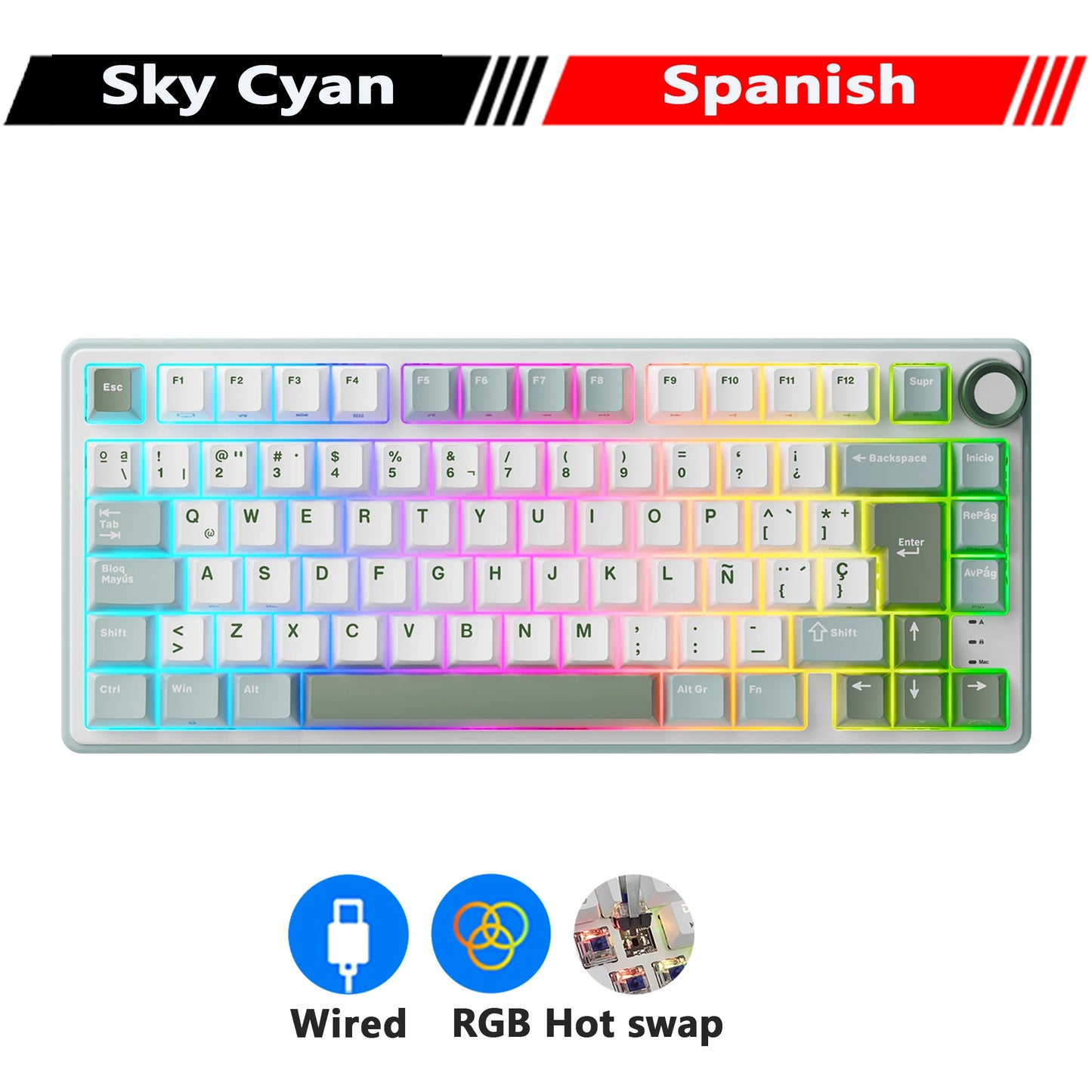 RK R75 Royal Kludge Wired Mechanical Keyboard 80 Keys 80% Gasket RGB Backlit Hot-swappable Gaming Keyboard with MDA PBT Keycaps