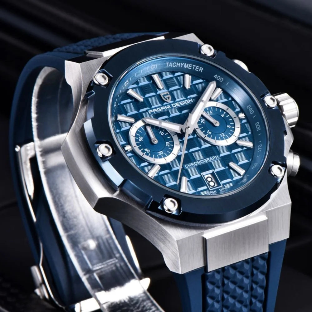 PAGANI DESIGN PD-YS032 Men's Quartz Watch 44mm Japan VK64 Movt Stainless Steel Case Rubber Strap Sapphire Glass 100M Waterproof
