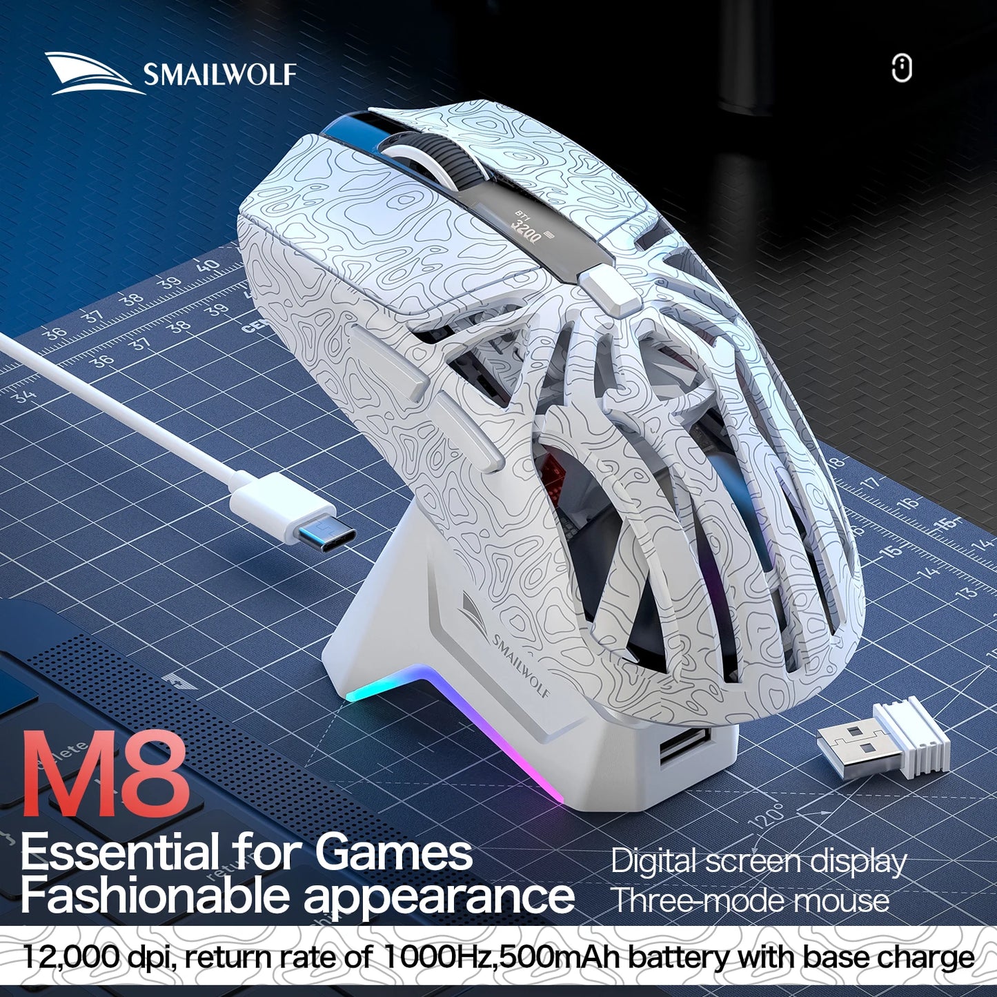 SMAILWOLF M8 Wireless Bluetooth Tri-Mode Gaming Mouse, 12000 DPI Lightweight RGB Gaming Mouse with PAW3311 Sensor, Magnetic Charging Dock