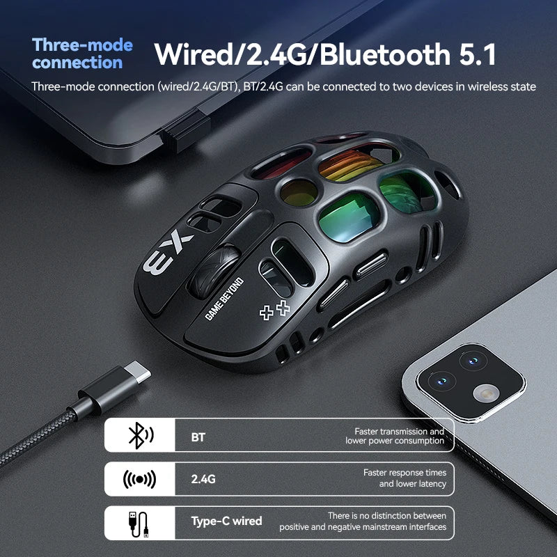 3-Mode Wireless Gaming Mouse with RGB Lighting, Lightweight Bluetooth Mouse, Rechargeable Esports Mouse for PC, Laptop & Gaming