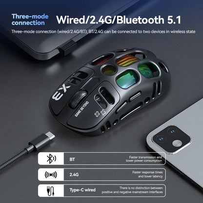 3-Mode Wireless Gaming Mouse with RGB Lighting, Lightweight Bluetooth Mouse, Rechargeable Esports Mouse for PC, Laptop & Gaming
