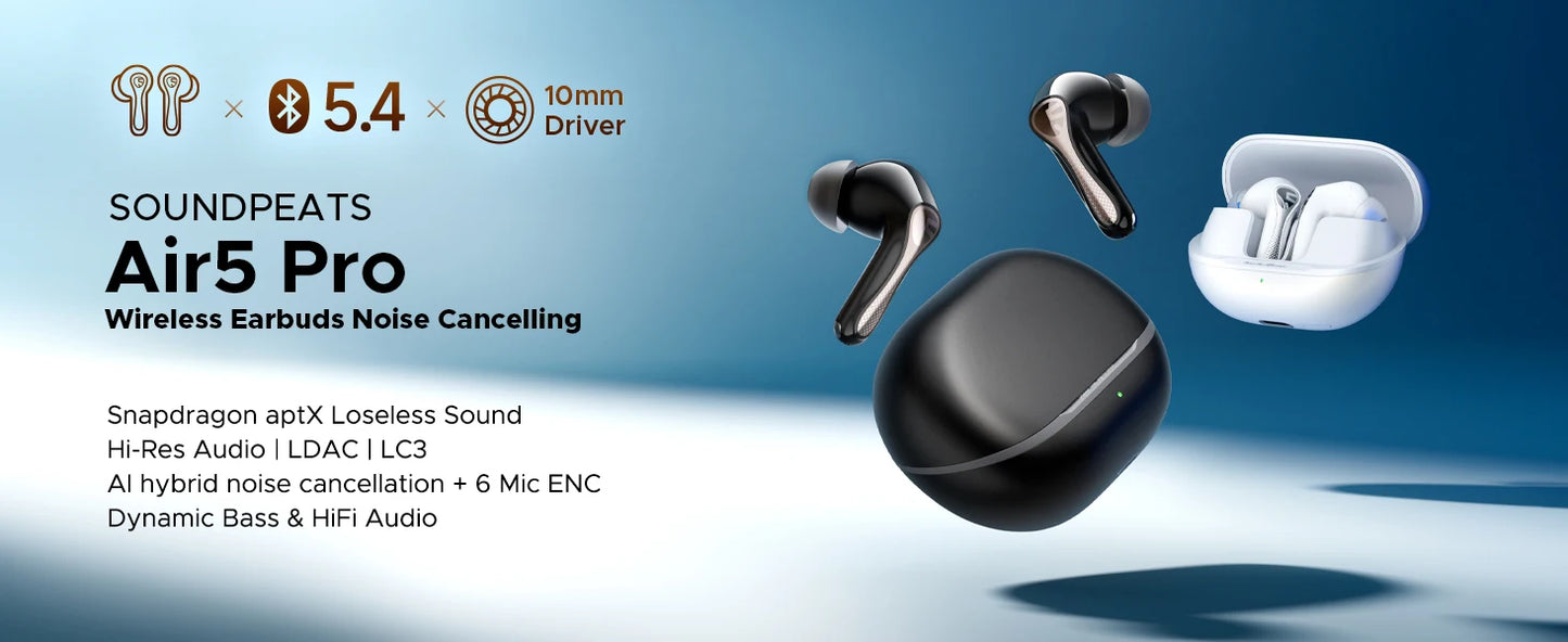 SOUNDPEATS Air5 Pro Wireless Earbuds Bluetooth 5.4 with 55dB Adaptive ANC, Hi-Res LDAC, aptX Lossless Audio & 6 AI ENC Microphones