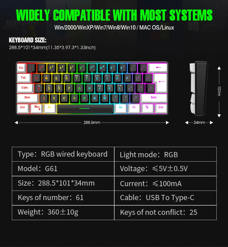 61-key wired white, black and blue switch waterproof mechanical keyboard RGB illuminated game and office kit PUBG gamer backlit