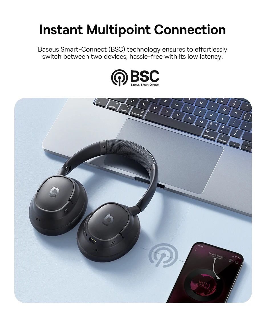 Baseus Bass EH10 NC Noise Cancelling Wireless Headphones Bluetooth 6.0 Over Ear Headset with 45dB ANC, 80H Battery, Hi-Res Audio & AI Calls