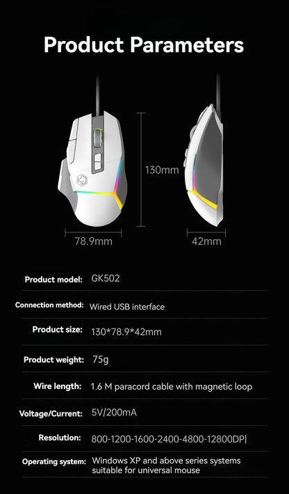 Xundler GK502 Wired Gaming Mouse RGB Lights, 12800 DPI Ergonomic Wired Gaming Mouse with 10 Programmable Macro Buttons for PC Gamers