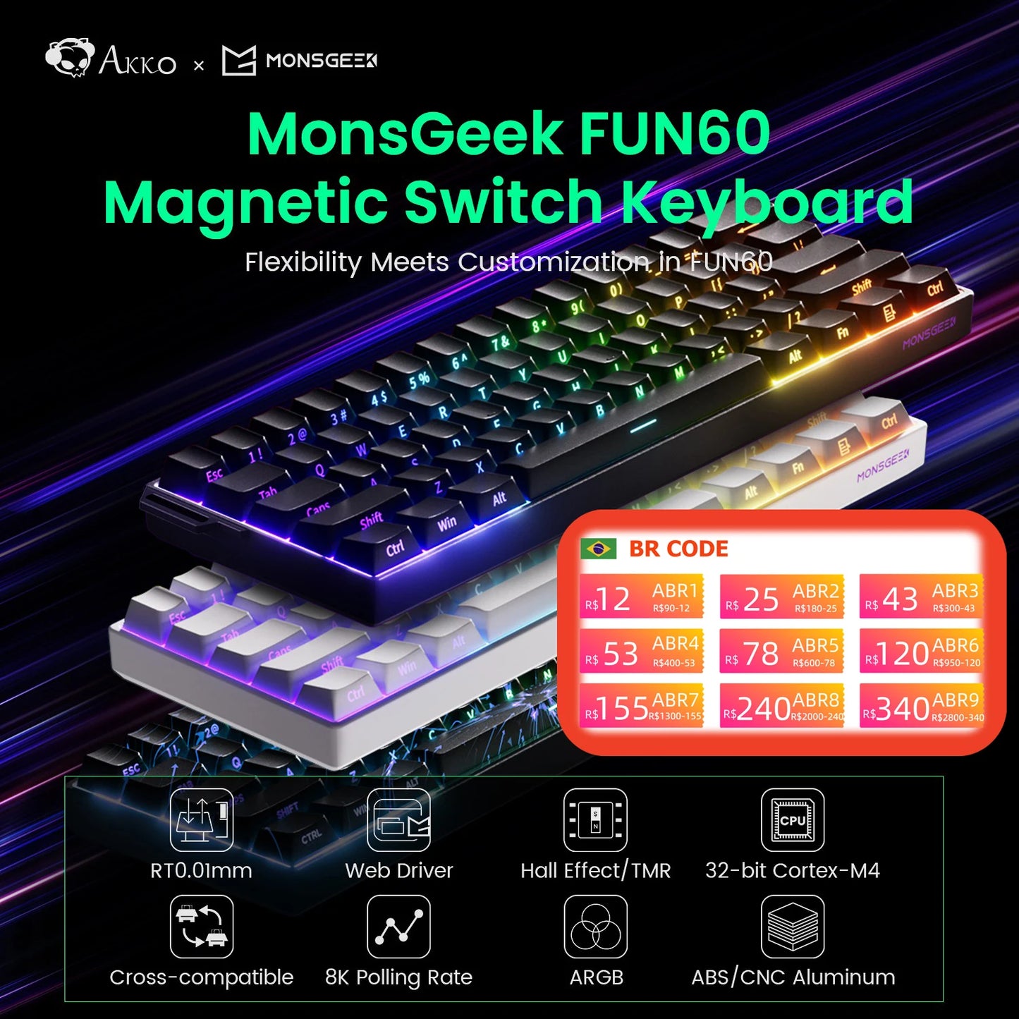 Akko MonsGeek FUN60 Magnetic Switch Mechanical Keyboard 60% Gaming Keyboard with Rapid Trigger 0.01mm, 8K Polling Rate, ARGB, Custom Mechanical Keyboard