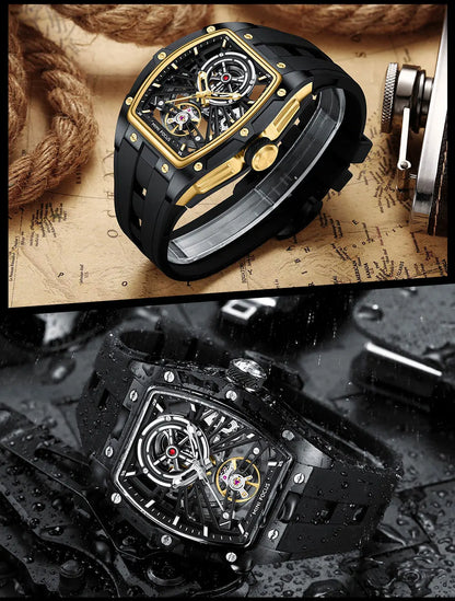 MINI FOCUS Men's Wristwatch Fashion Black Waterproof Automatic Mechanical Watch with Luminous Hands Silicone Strap Tonneau Dial