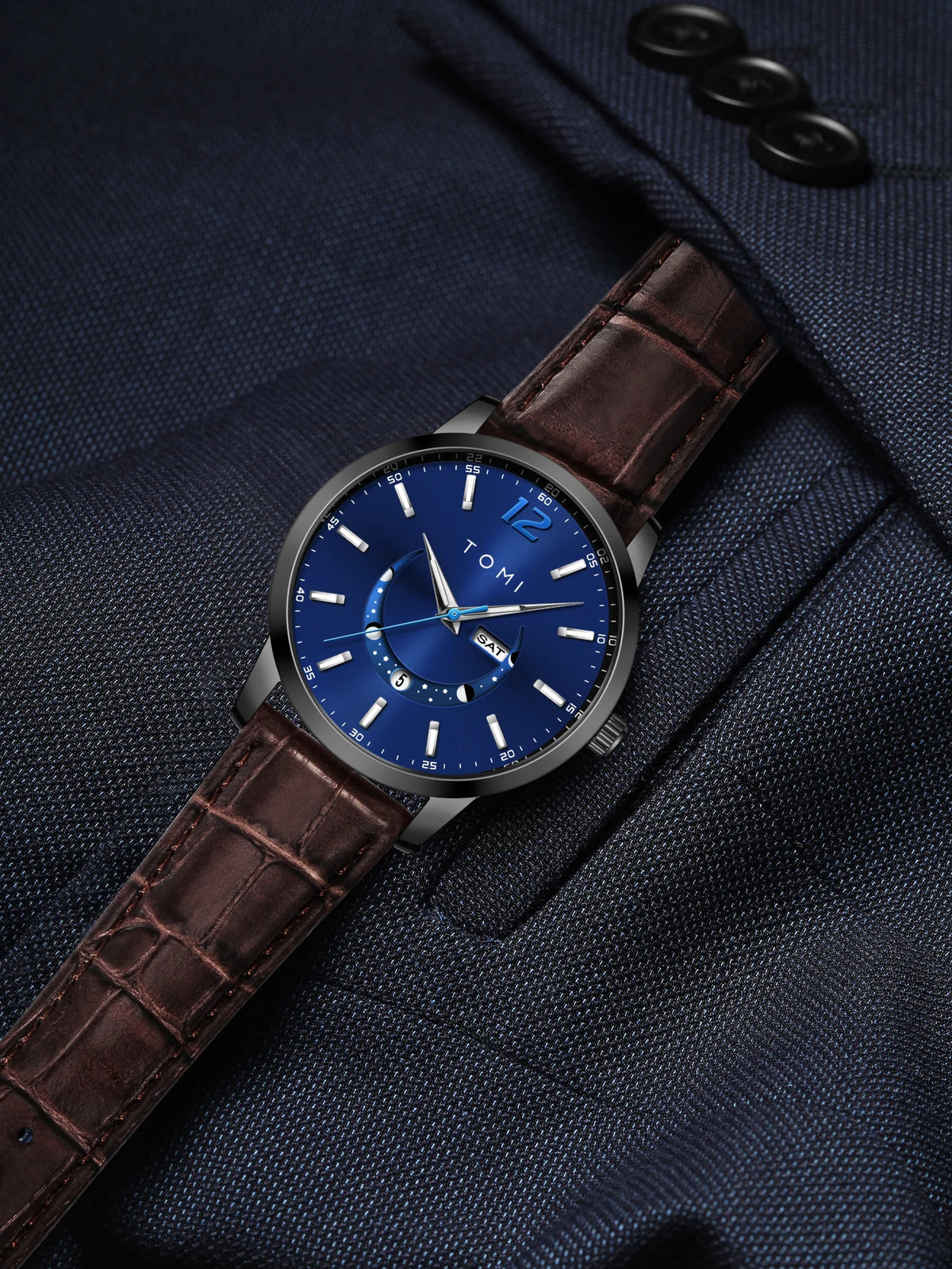 TOMI quartz watch, business-style and elegant, with a leather strap, alloy case and analogue dial – High-end design, a gift idea for men