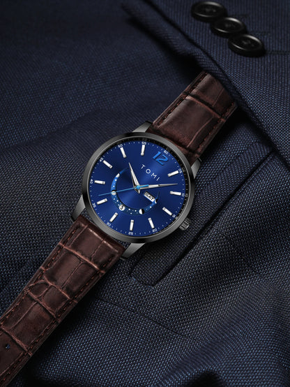 TOMI quartz watch, business-style and elegant, with a leather strap, alloy case and analogue dial – High-end design, a gift idea for men