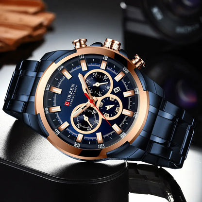 Pánské chronografové hodinky CURREN, velký ciferník o průměru 48 mm, náramek z nerezové oceli, tři pomocné ciferníky, sportovní náramkové hodinky s quartzovým strojkem, luxusní styl