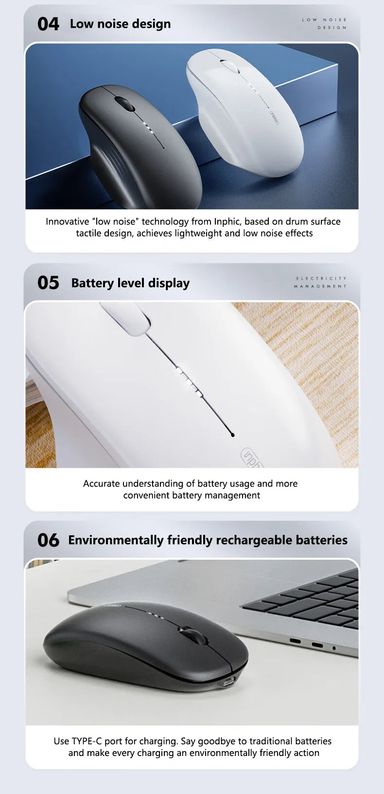 Inphic M1 2.4G Wireless Mouse Type-C Rechargeable Silent Ergonomic Mouse with Battery Level Display, Adjustable DPI Wireless Office Mouse for Laptop & PC
