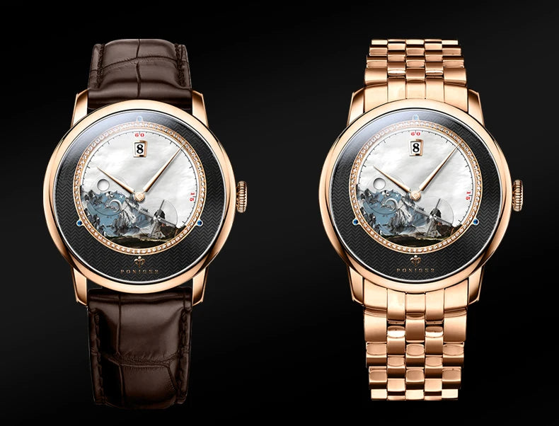 PONIGER Sapphire Crystal Glass Wrist Watch Painting Dial Man Leather Automatic Wristwatch MIYOTA 8219