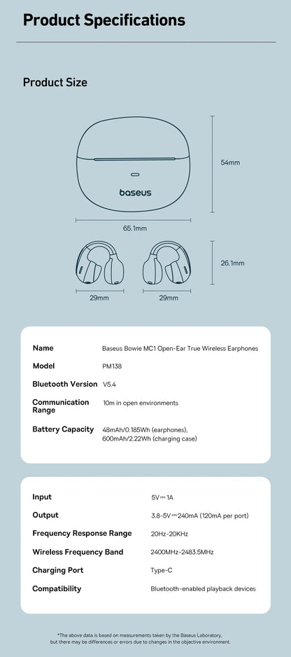 Baseus Bowie MC1 Ear Clip Wireless Earphones Bluetooth 5.4 Open-Ear Clip-On Sports Earbuds IP57 Waterproof AI Bass Ear Clip Headphones